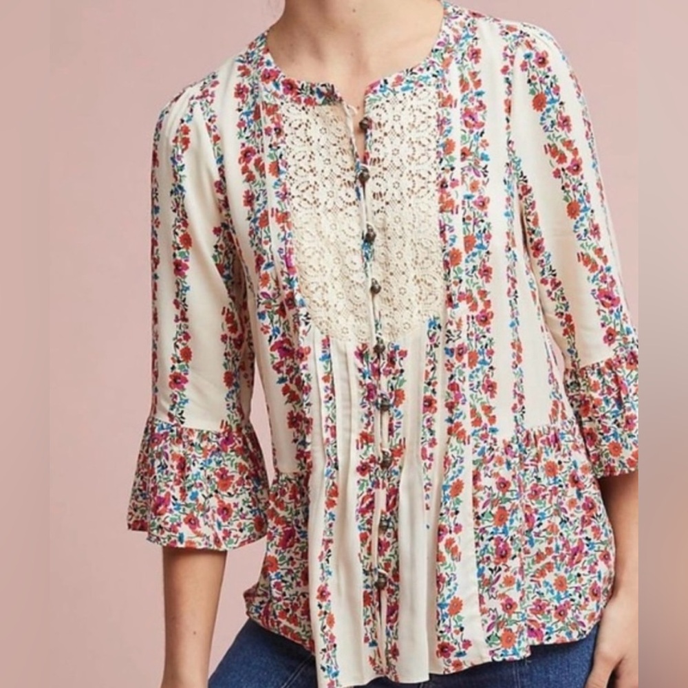 Anthropologie Maeve Floral Hiver Ivory Blouse Lace Button up Top Women's Size 6